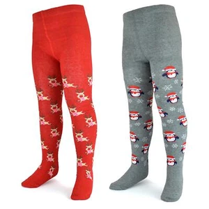 Kids Girls Cotton Rich Christmas Tights Novelty Xmas Penguin & Reindeer Tights - Picture 1 of 3