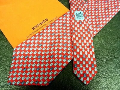 Gravata de pescoço HERMES seda logotipo vermelho laranja vendedor japonês N0102 04 feita na França - Imagem 1 de 2