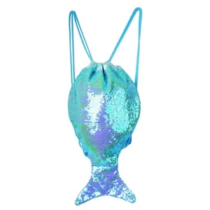 Reversible Sequins Drawstring Bag Mermaid Tail Colourful Backpack Gym Bag Ki BUF - Picture 1 of 6