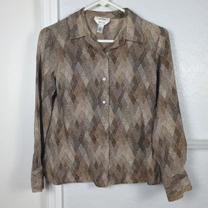 Talbot's Pure Silk Long Sleeve Button Up Blouse Women's Size 8 Multi Brown Tones - Picture 1 of 5