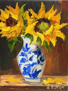 Sonnenblumen Ölgemälde Original Kunst Impasto Blumenstillleben Vintage Vase 8x6" - Bild 1 von 7