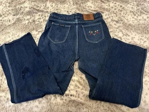 Vintage 70s Union Gap Wide Leg Jeans Turquoise Stitching Stars On Pocket 32 W - Picture 1 of 6