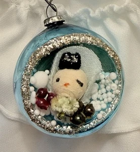 Vintage Japan Spun Cotton Snowman Diorama Mercury Glass Christmas Ornament - Picture 1 of 10