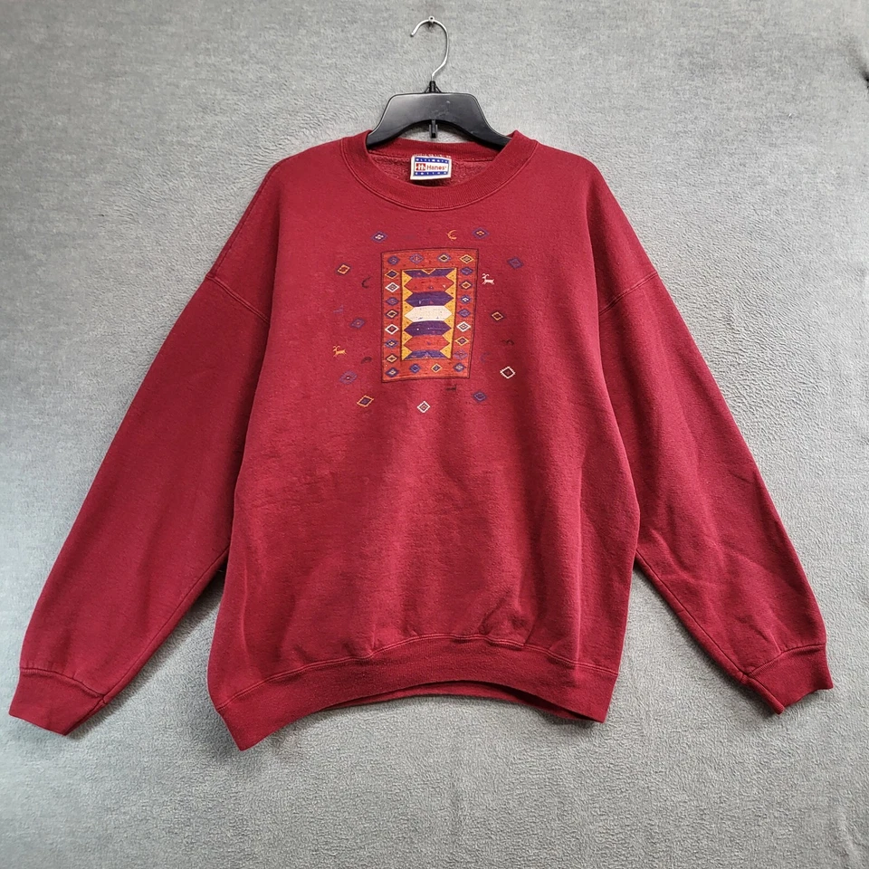 ВИНТАЖНЫЙ Aztec Tribal женщин толстовка XL красный геометрический ворота с длинным рукавом - Изображение 1 из 4