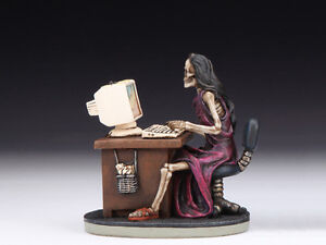 Skeleton Lady at Desk / Computer Skull Figurine Statue Skeleton Halloween