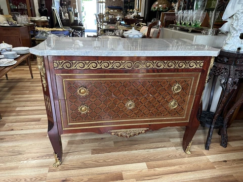 FRENCH Louis XV Style  Inlaid MARBLE TOP Bronze Mounted  COMMODE Chest Cover