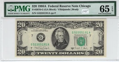 $20 1988A FRN Fr# 2076-G GA Block PMG Gem UNC 65 EPQ Chicago Villalpando Brady - Image 1 of 2