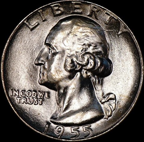 1955 Washington Quarter 90% Silver Uncirculated, Die Crack head, As Shown 182 Cover