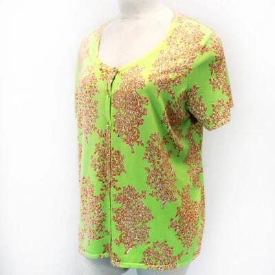 Quacker Factory Plus Green Rhinestones Button Down Corals Print Cardigan 2X - Image 1 of 4