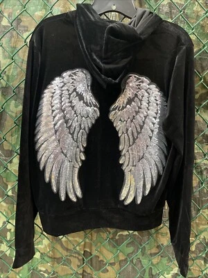 Sudadera con capucha de terciopelo con cremallera alas de ángel alas de lentejuelas plateadas cremallera ligera negra 2XL Foto 1 de 4