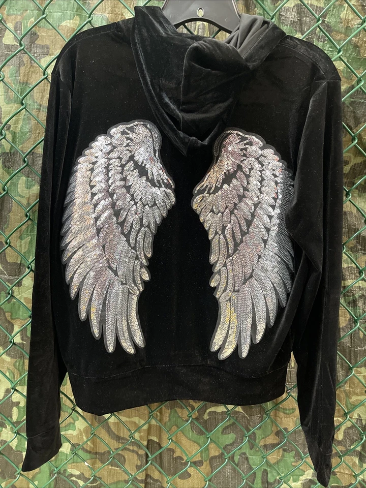 Sudadera con capucha de terciopelo con cremallera alas de ángel alas de lentejuelas plateadas cremallera ligera negra 3XL Foto 1 de 4