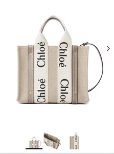 Chloe WOODY TOTE SMALL STRAP LINEN, MUSK GREY 24078 RRP $1,680.00 - Picture 1 of 13