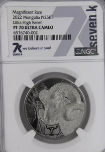2022 MONGOLIA PLATINUM 25KT NGC PF-70 U-CAM ULTRA HIGH RELIEF MAGNIFICENT RAM  - Picture 1 of 2