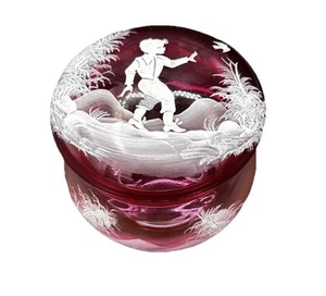 Powder Box Jar Little Boy Scenery Mary Gregory Enamel Cranberry Glass Vintage - Picture 1 of 16