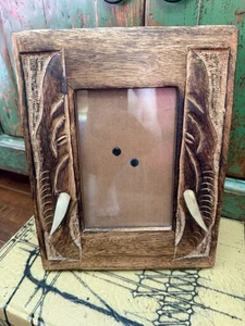 Wood Carved Elephant Photo Picture Frame Bone Tusks Easel Tabletop 4x6 - Picture 1 of 3