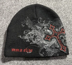 MMA Elite Beanie Cross Embroidered Grunge Goth Y2K Black Red Emo - Picture 1 of 8