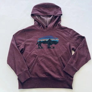 Patagonia Bison/Buffalo Youth Sz M Burgundy Worn Wear Graphic Print Hoody Pocket - Picture 1 of 9