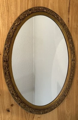 Vintage GoldFrame Oval Wall Mirror, Ornate Leaf Design, 26" X 18.5" MCM - Image 1 of 4