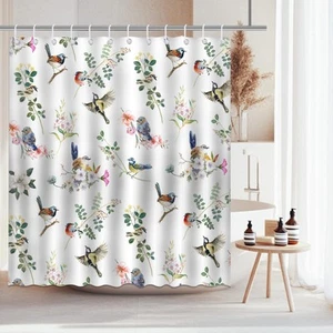 Bird Shower Curtain Floral Botanical Bird Bathroom Shower Curtain Bird Farmho... - Picture 1 of 8