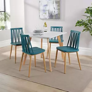 Dining Table Set 80cm White Top Wooden Legs 4 Geometric Teal Kitchen Chairs - Picture 1 of 12