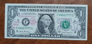2017 $1 Dollar Bill Fancy Serial Number 66667777 - Picture 1 of 2