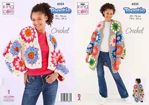 KING COLE CROCHET Pattern Chunky Womens Granny Square Cardigan 19.5-29" 6233 - Picture 1 of 4