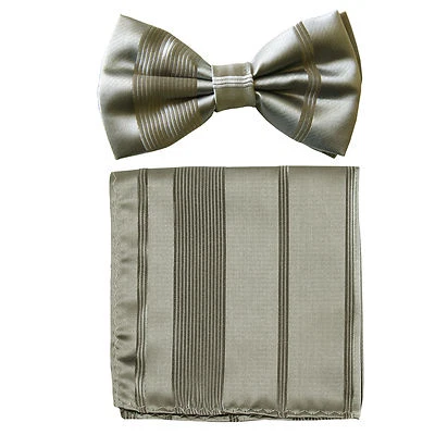 New formal men's pre tied Bow tie & Pocket Square Hankie stripes silver gray  - Image 1 of 4