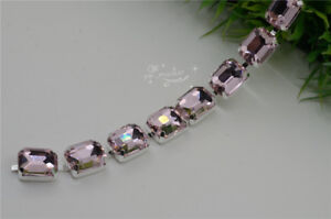 Color Glass Rhinestones Beaded Trim Strass Rectangle Linked Silver Chain 1 yard