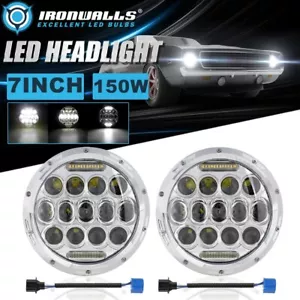 Pair 7" Round LED Headlights Chrome Hi-Lo Beam Lamp for Chevrolet Malibu 1973-75 - Foto 1 di 12