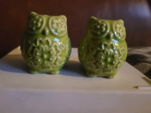 Ceramic Paint MiniOWL Salt & Pepper Shakers Collectible Cute 2" tall 1.5" Green - Picture 1 of 2