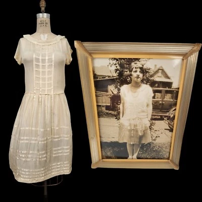 Vtg 20s Silk Chiffon Flapper Boho Bridal Dress + Rare Original Photo + Frame! - Image 1 of 4