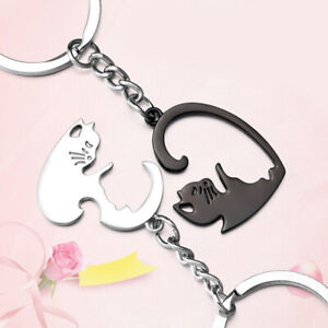 2pcs Cute Cat Patchwork Heart Couple Lovers Keyring Backpack Car Key Ring Gif $9
