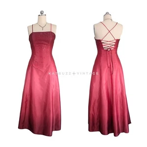 Vintage Prom Dress Maxi Ball Gown L Red Ombre Corset Bead 90s Y2K Fairy Princess - Picture 1 of 10