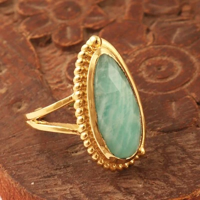 Anillo de piedras preciosas en forma de pera amazonita chapado en oro collar anillo ajustable Foto 1 de 4
