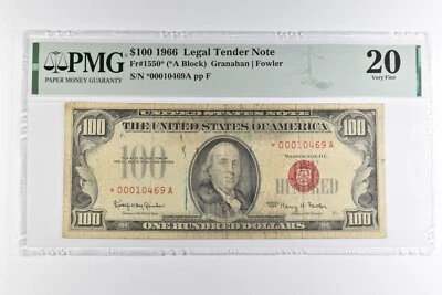 PMG VF 20 $100 1966 US Legal Tender Note Red Seal FR#1550* (*A Block) *8136 - Image 1 of 3