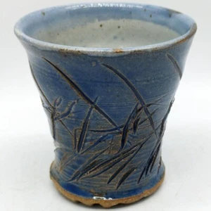 Hand Thrown Studio Pottery Cup Flower Pot Drip Glaze Tans-Blues, Signed "MT" - Picture 1 of 5