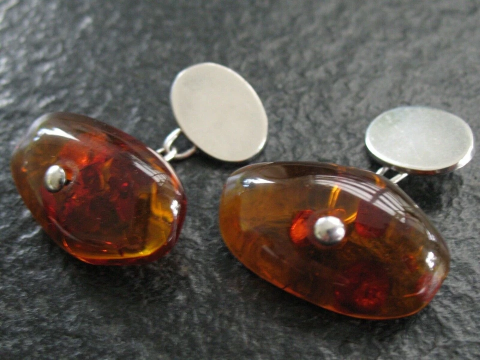 Manschettenknöpfe Silber 835 Vintage Handarbeit von ca. 1960 mit Bernstein  - Bild 1 von 3