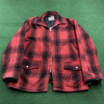 Vintage Heavy Wool Jacket Mens L Red Plaid 50S 60S Insulated Quilted Zip Coat - Image 1 of 4