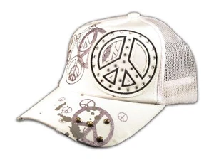 Peace Sign on White Trucker Cap Snapback Hat with Mesh Back - Picture 1 of 4