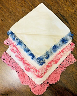 Three Beautiful Vintage Hankies Blue & Pink - Approx 12 x 12 - Image 1 of 4