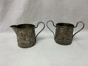 Antique Creamer & Sugar Holland Silver Plate over Copper Embossed Dutch Scene - Picture 1 of 8