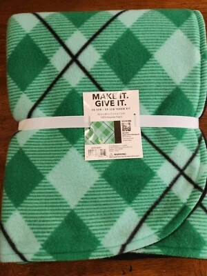 Hand Finished Fleece Throw Blanket 48" x 60" Green Plaid Reverses to Black - Image 1 of 4