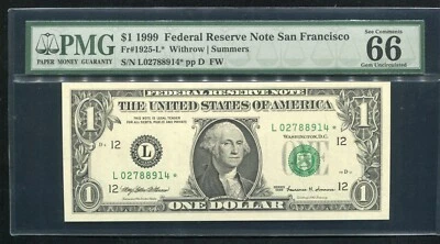 FR. 1925-L* 1999 $1 ONE DOLLAR *STAR* FRN SAN FRANCISCO, CA PMG GEM UNC-66EPQ - Image 1 of 2