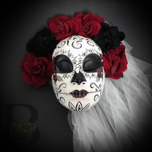 Day of the Dead Dia de los Muertos Full Face Masquerade Mask with White Veil
