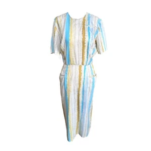 Vestido vintage años 50 azul pastel acuarela rayas movedizo casa funda midi M/L - Imagen 1 de 3