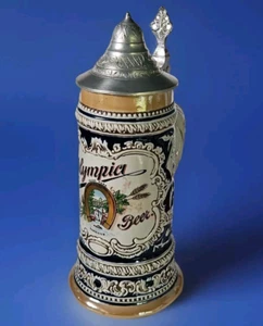 Olympia Beer Tumwater Stein Horse Shoe 9 3/4" Tall Ceramarte Brazil Pewter Lid - Picture 1 of 12