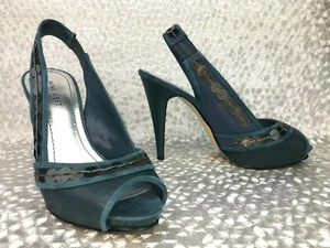 NINE WEST Blue Leather Sequin Slingback Stiletto Heel Peep Toe Shoes US 7W UK 5 - Picture 1 of 11