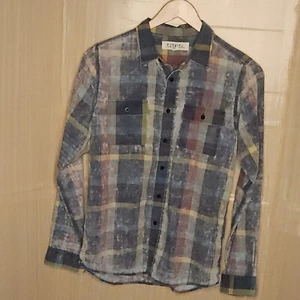 Ezekiel Blue Gold Plaid Grunge Bleached Look Long Sleeve Button Down Small - Picture 1 of 6