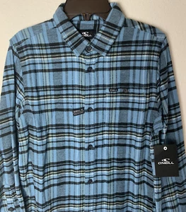New O’Neill Boy’s Size Large L Plaid Flannel Button Up Shirt Blue Cotton Blend - Picture 1 of 7