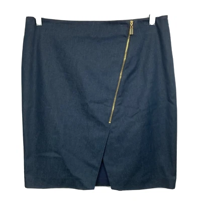 Falda Vince Camuto Mujer Talla 12 Lápiz Azul Marino Algodón Tejido Dorado Cremallera Frontal Mini Foto 1 de 4